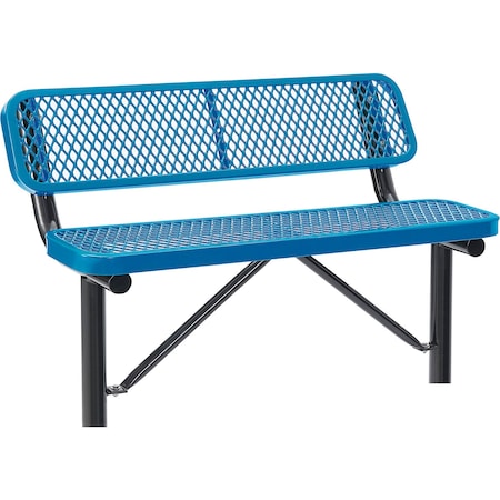 Global Industrial 4ft Outdoor Steel Bench w/ Backrest, Expanded Metal, In Ground Mount, Blue 695743IBL